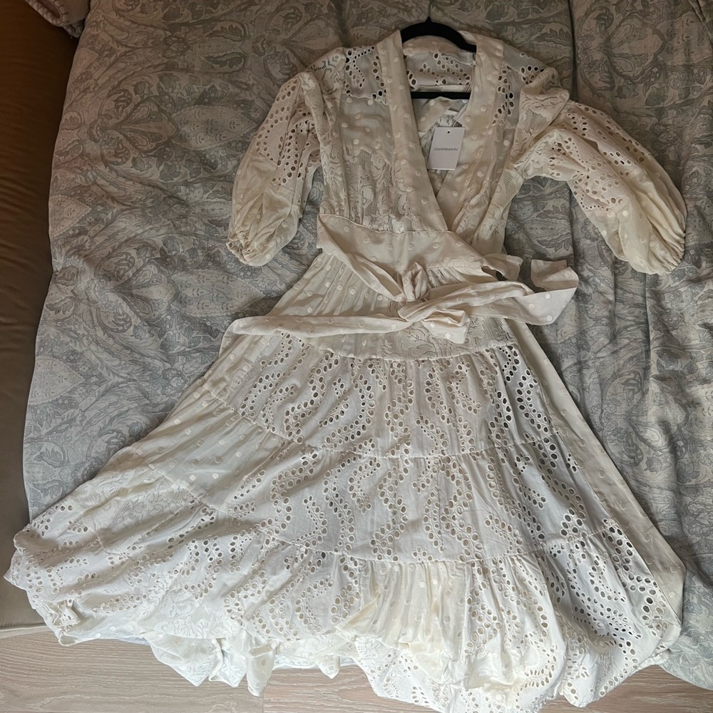 Zimmerman + NET SUSTAIN tiered embroidered cotton wrap dress